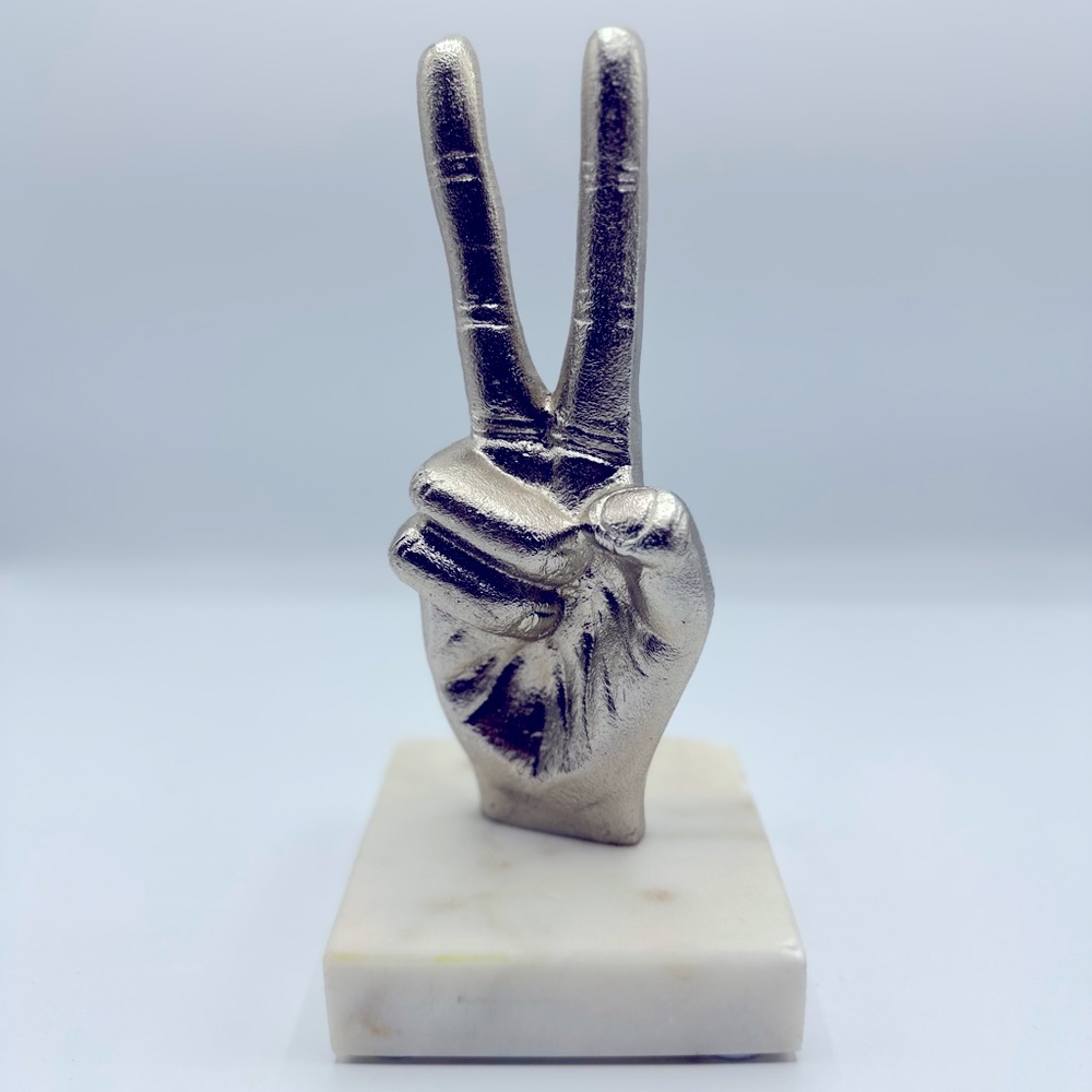 Peace Sign hand symbol sculpture Gold Tone Metal Hand On Stone Base,  7.5" Tall
